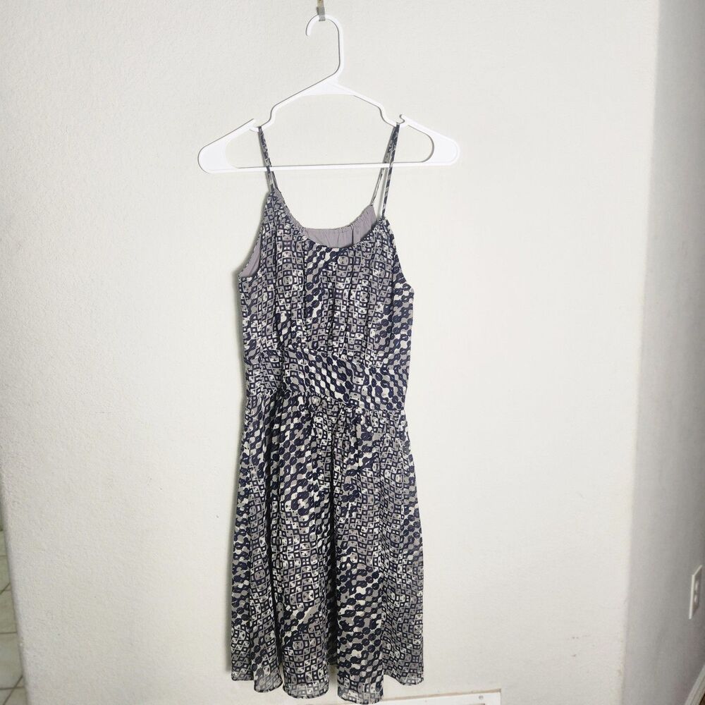 Banana Republic Womens 4 Navy Gray Geometric Chiffon Lined Fit Flare Dress